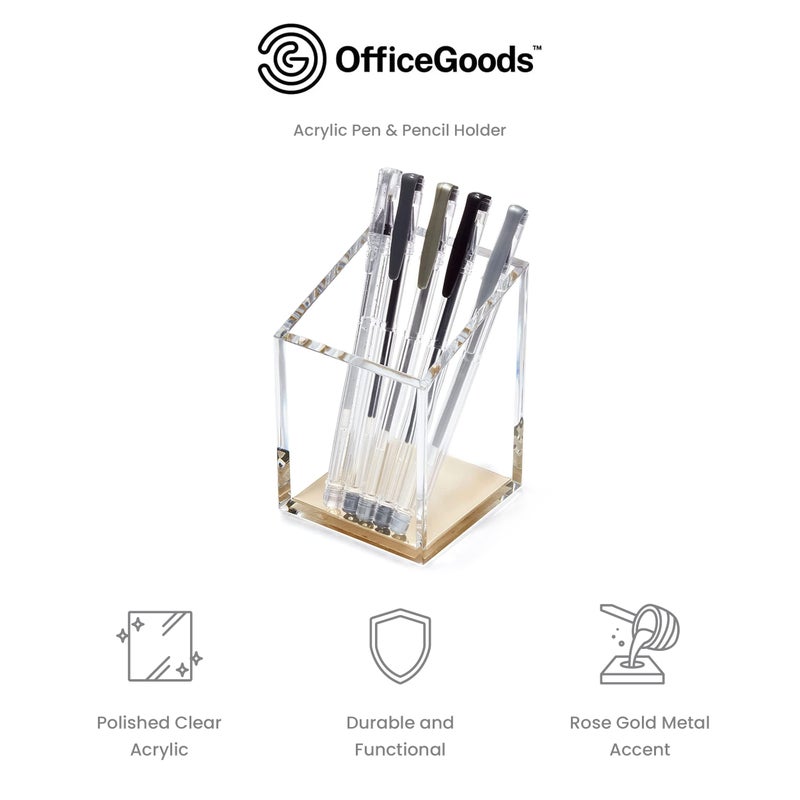 OfficeGoods Acrylic Pen & Pencil Holder - Modern Trapezoid Design - Beautiful Desk Organizer for Home or Office - Contrasting Metal Base - 3" Square w/ 3.5" Front & 4.5" Back - Gold - Image 3
